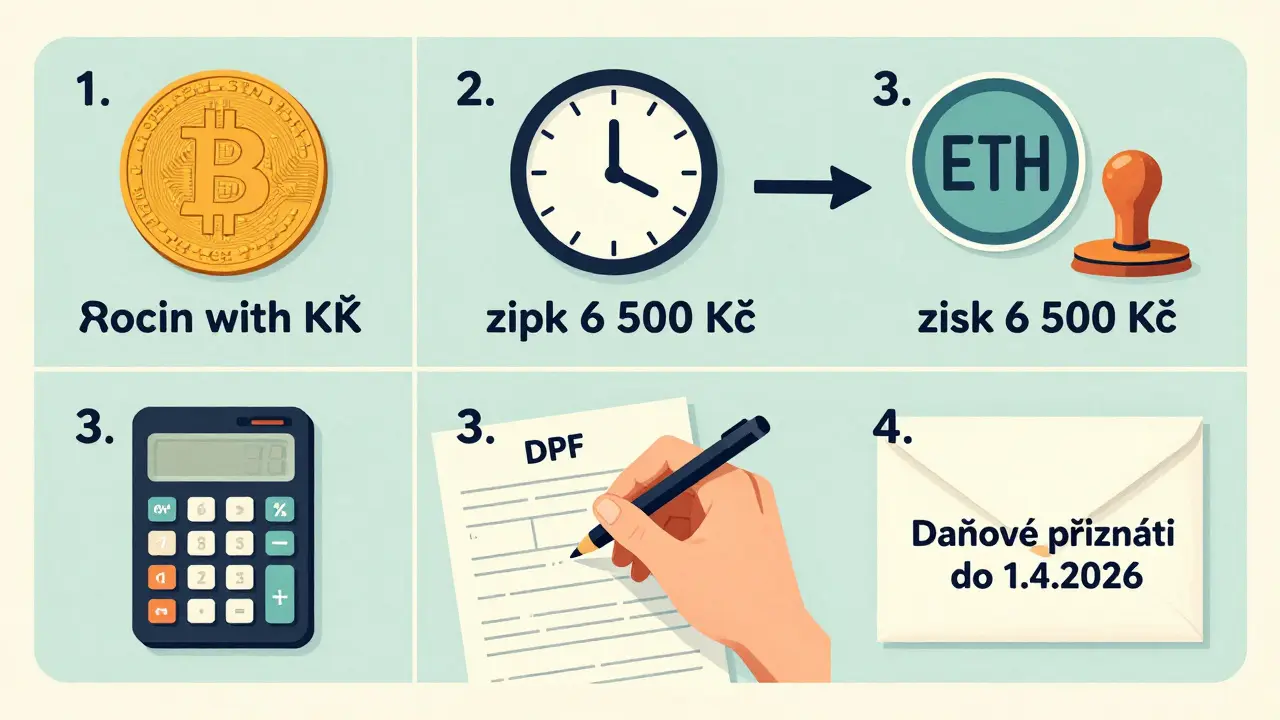 Vintage plakát znázorňující kroky danění kryptoměn v Česku: nákup, směna, přiznání a termín.