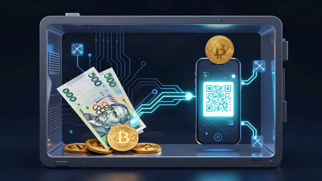 Vnitřní schemata automatu na bitcoin: koruny se převádějí na digitální bitcoin do digitální peněženky.