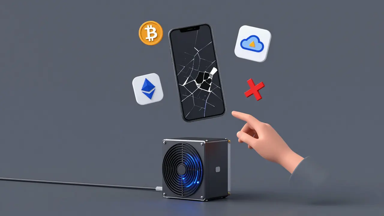 Zlomený mobil vs. funkční těžařský stroj — symbolické znázornění pravé a falešné těžby kryptoměn.