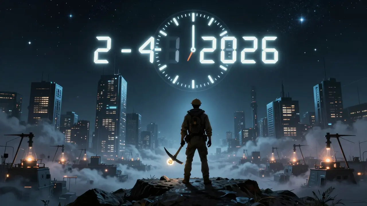 A lone miner on a digital plateau under stars, facing a countdown clock to Bitcoin halving in 2026.