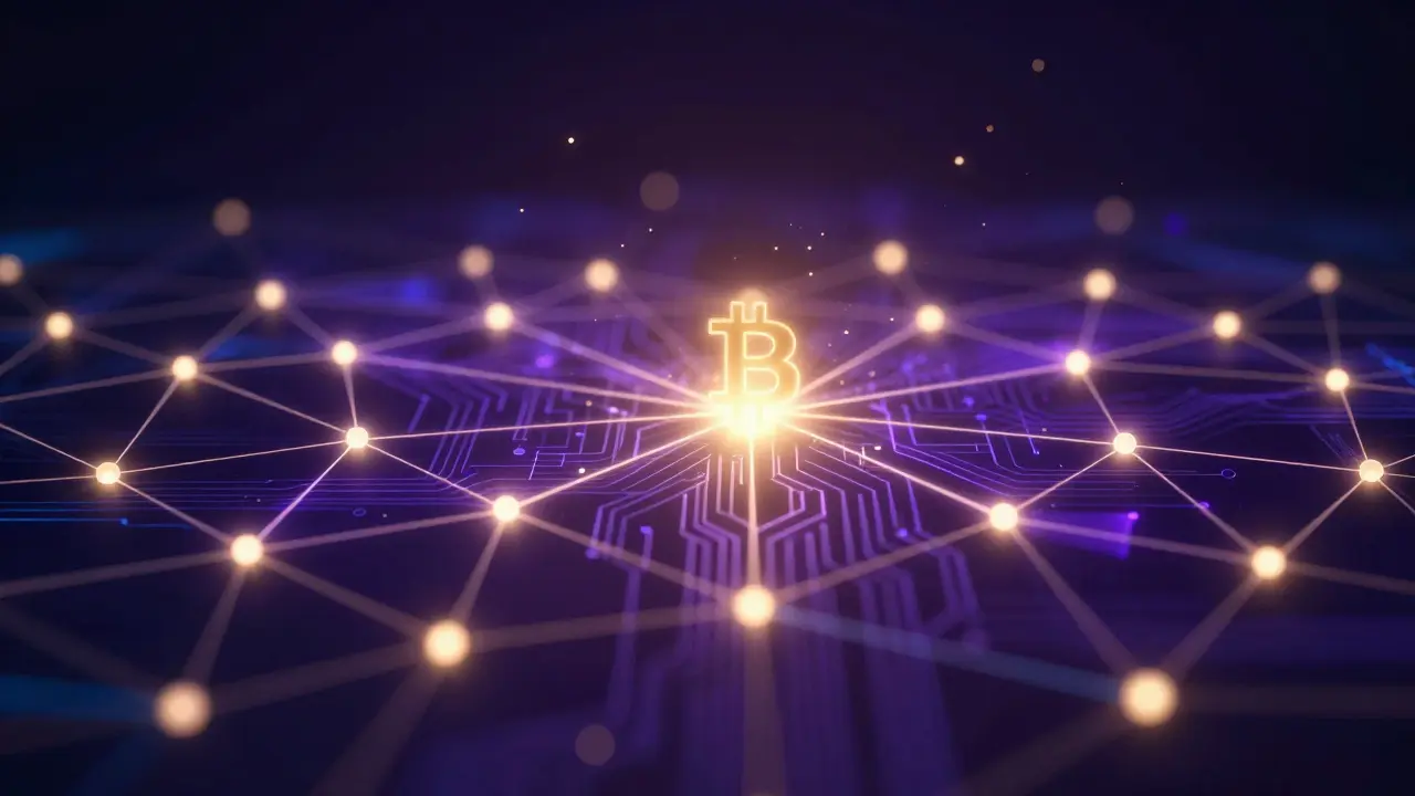 Abstraktní vizualizace blockchainové sítě se světelnými uzly a spojeními