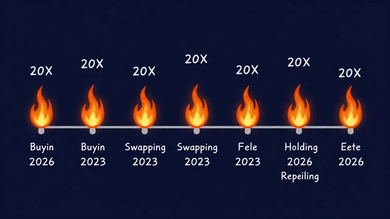 Časová osa s kryptoměnovými transakcemi a daňovými plameny od roku 2023 do 2026.