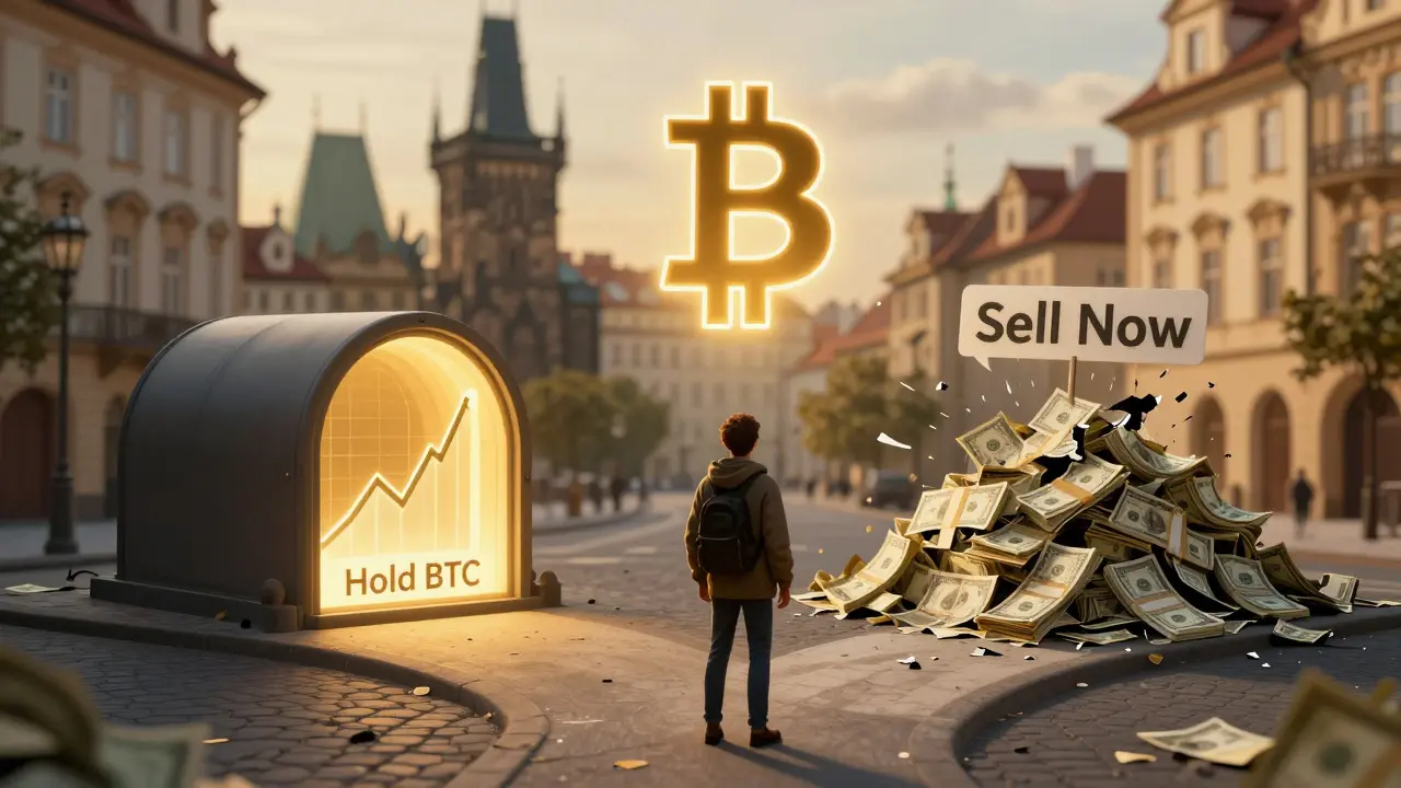 Člověk na křižovatce mezi cestou držení a prodeje Bitcoinů v Praze.