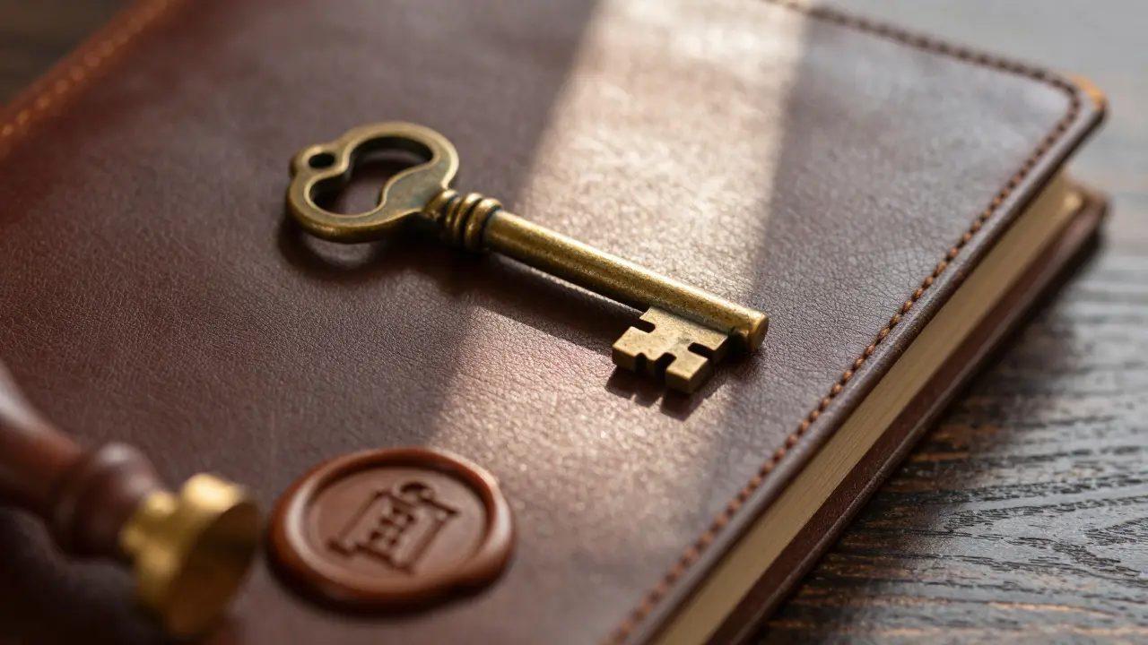 Detailní záběr starožitného klíče ležícího na kožené knize účtů.