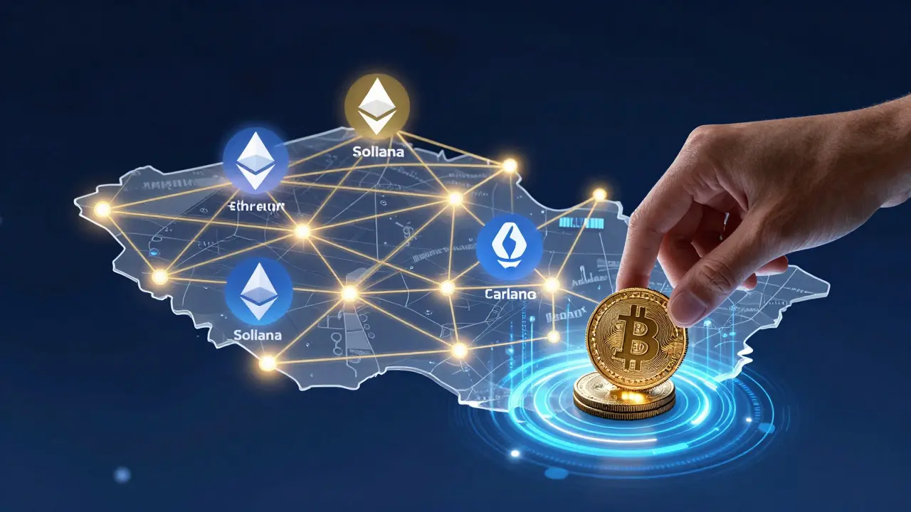 Digitální blockchainová síť s ikonami kryptoměn přes mapu České republiky, ruka vkládá korunu do digitální peněženky.