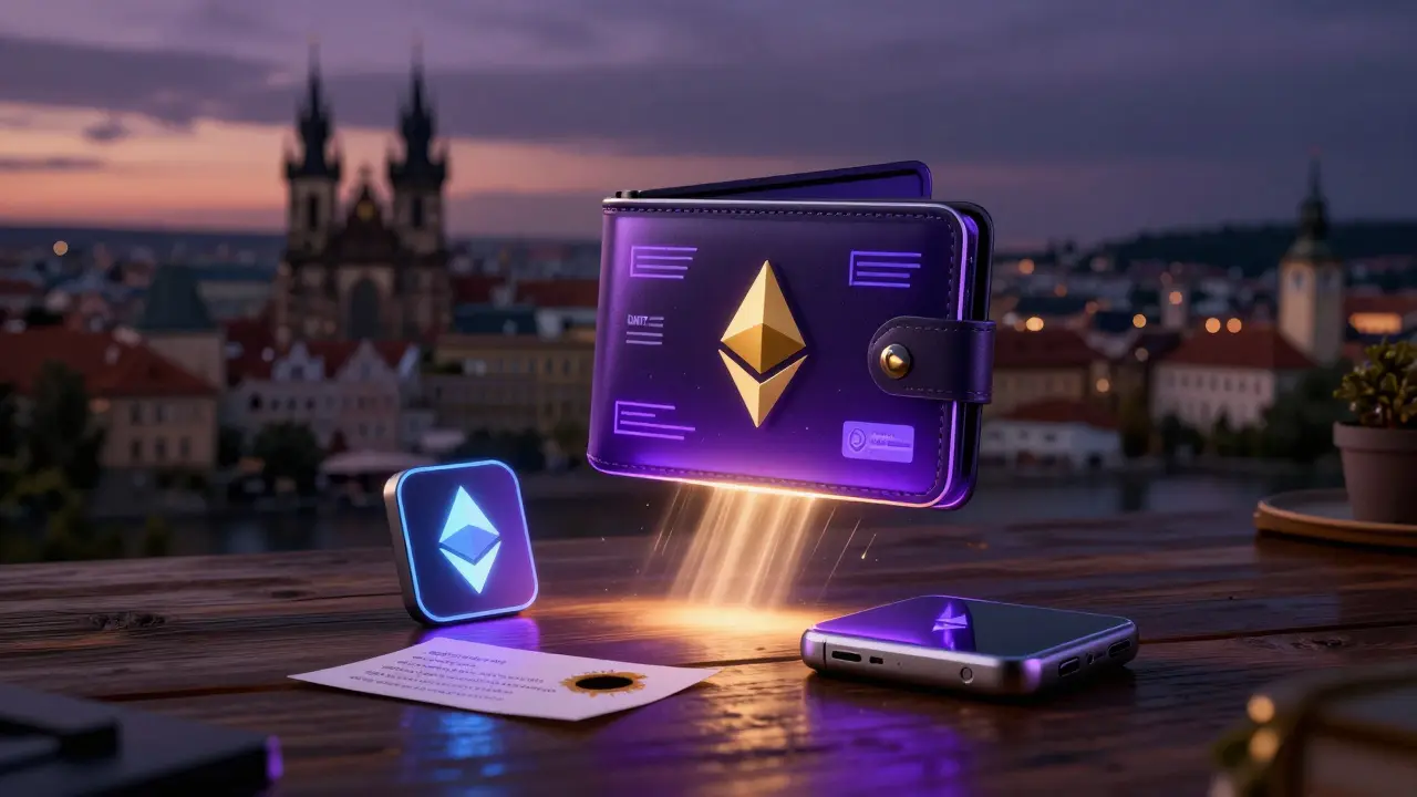 Digitální peněženka ETH nad pražským panorámou s hardwarovou peněženkou a záložní frází na stole.