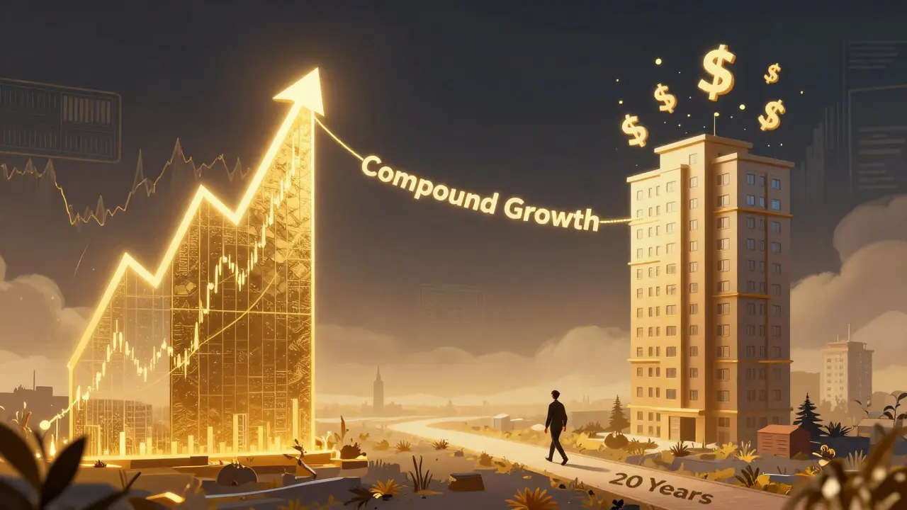 Dva pilíře – akcie a nemovitosti – spojené zlatou nití složeného úročení.