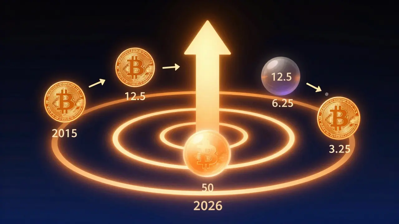 Four concentric rings showing decreasing Bitcoin rewards from 50 to 3.125 BTC, with a rising arrow symbolizing price growth.