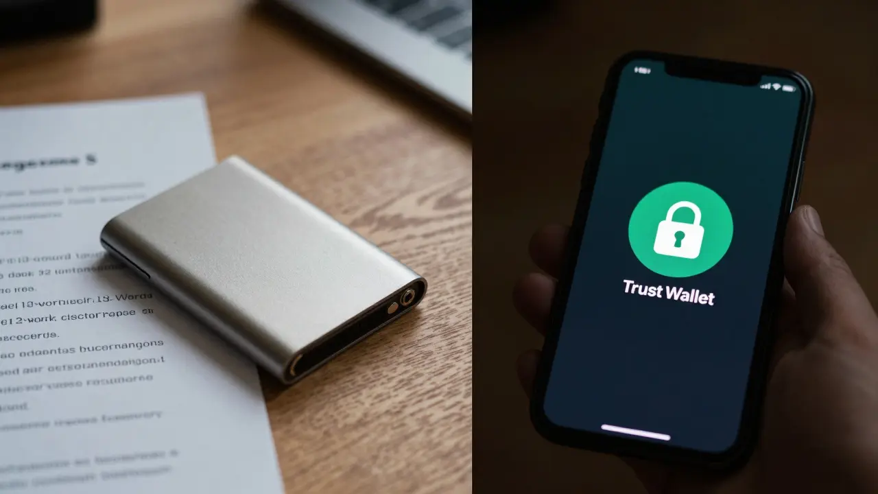 Fyzická peněženka Ledger Nano S a mobil s Trust Wallet aplikací na stole.