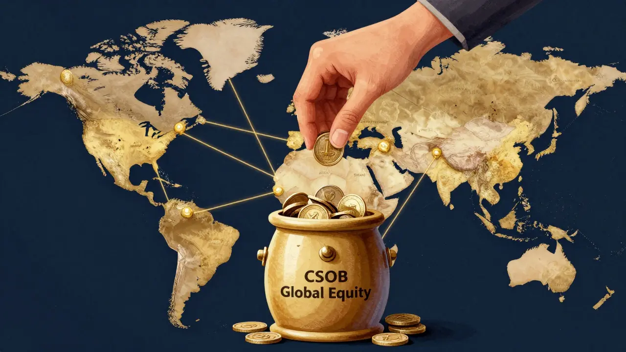 Globální mapa s zlatými vlákny spojujícími společnosti v indexovém fondu, do kterého padají měsíční platby.