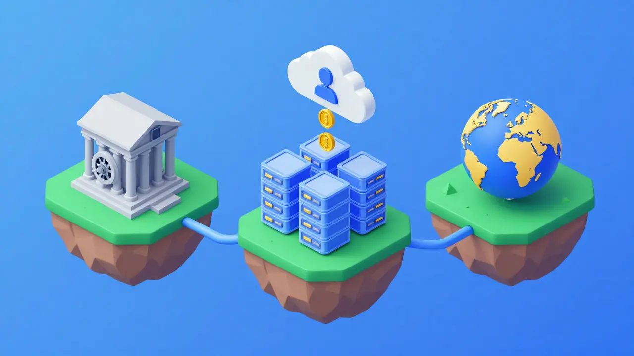 Ilustrace spojení mezi lokální bankou a globálními burzami.