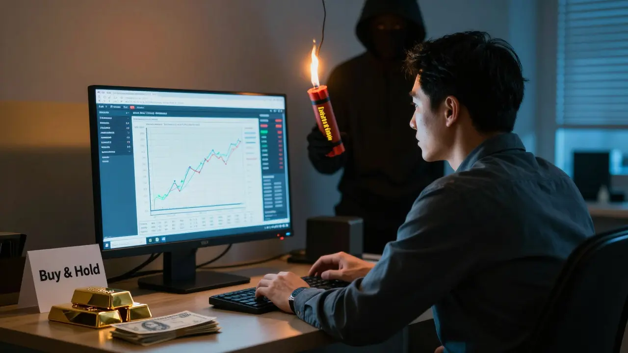 Investor hledí na obrazovku s inverzním ETF, zatímco za ním stojí stín s dynamitem označeným 'Dlouhodobé držení'.