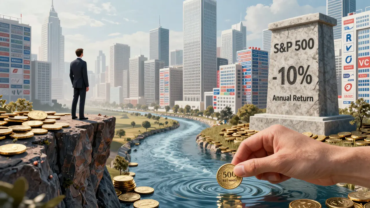 Investor na skále nad městem z finančních grafů, kde malá mince symbolizuje pravidelné investice do S&amp;P 500.