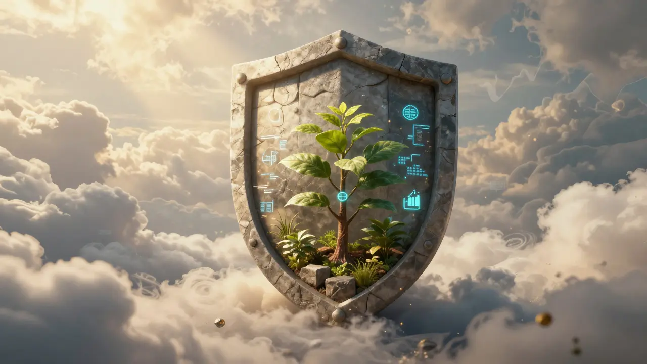 Kamený štít chránící rostoucí digitální zahradu před chmurnými oblačky