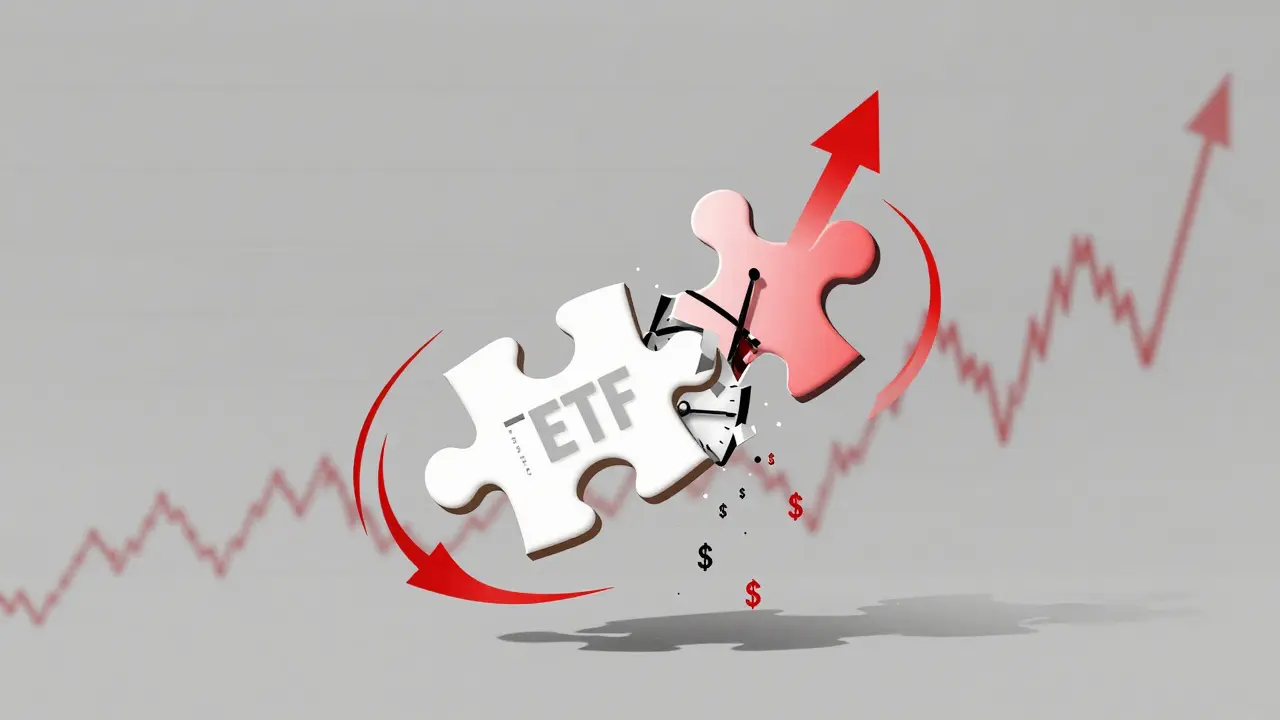 Koncepční obrázek poškozeného puzzle s nápisem inverzní ETF a vlnami denní volatility kolem něj.