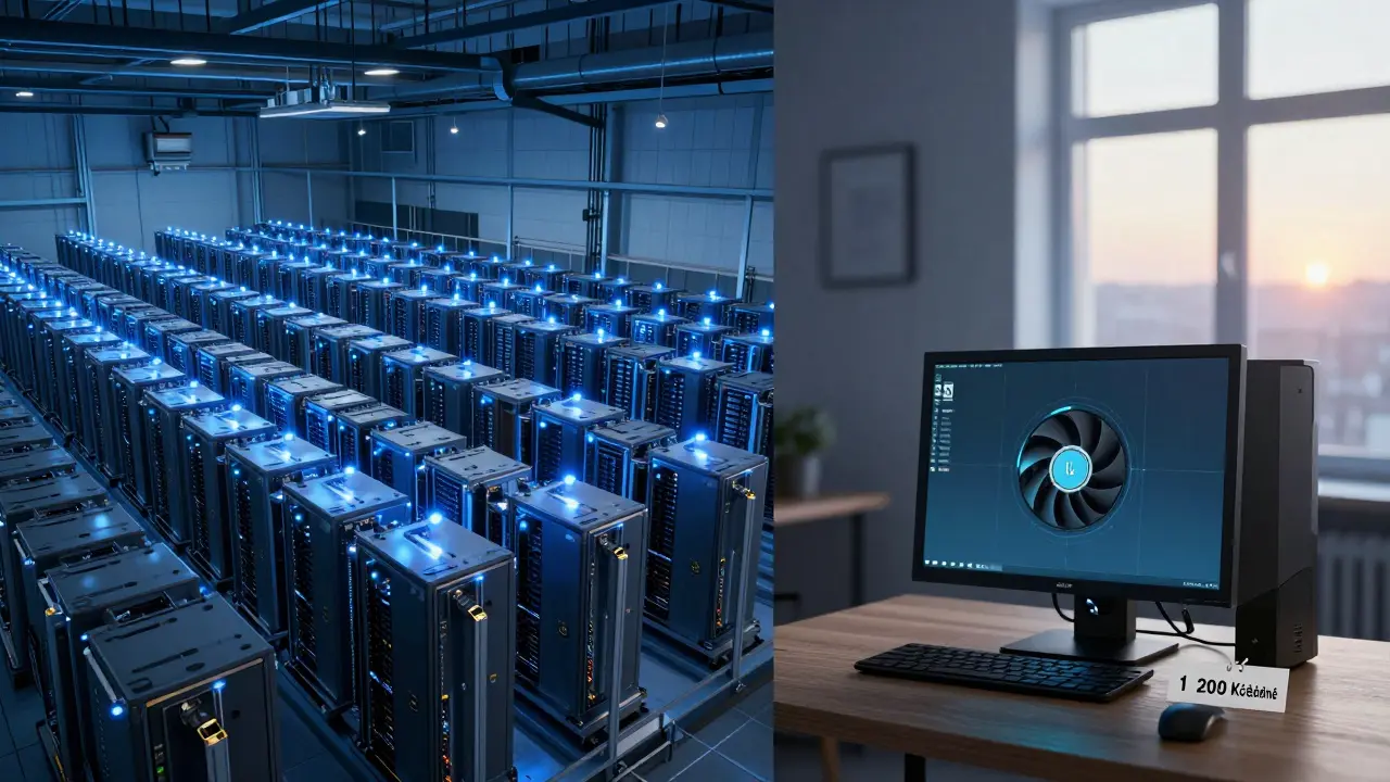 Kontrast mezi průmyslovou těžební farmou a domácím počítačem těžícím Ravencoin.