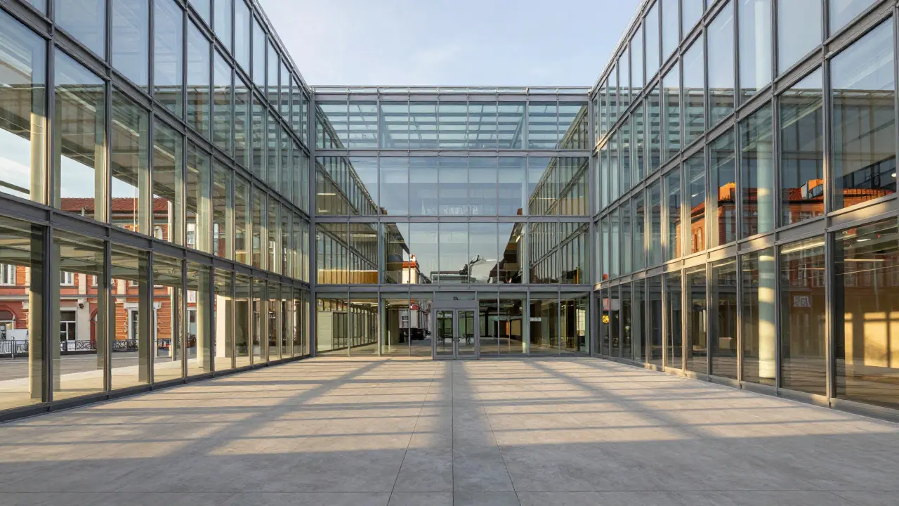 Moderní skleněná budova pražské burzy v odlesku večerního nebe.