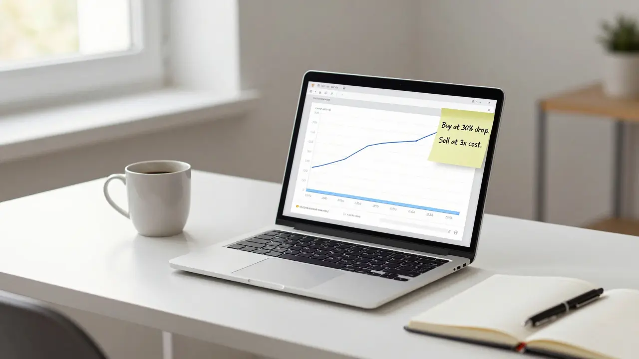 Na stole čistý počítač s grafem kryptoměn a poznámkou s pravidly pro nákup a prodej.