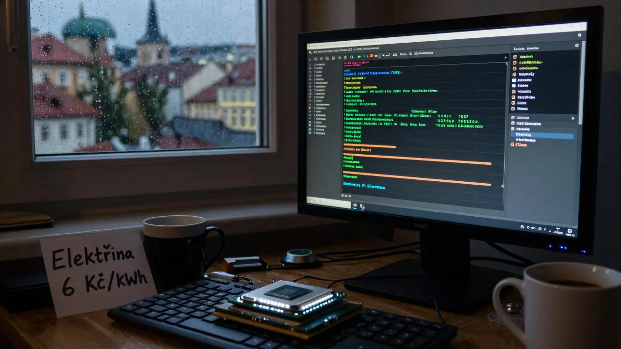 Obrazovka s Monero těžbou na starém procesoru, s nápisem o ceně elektřiny.