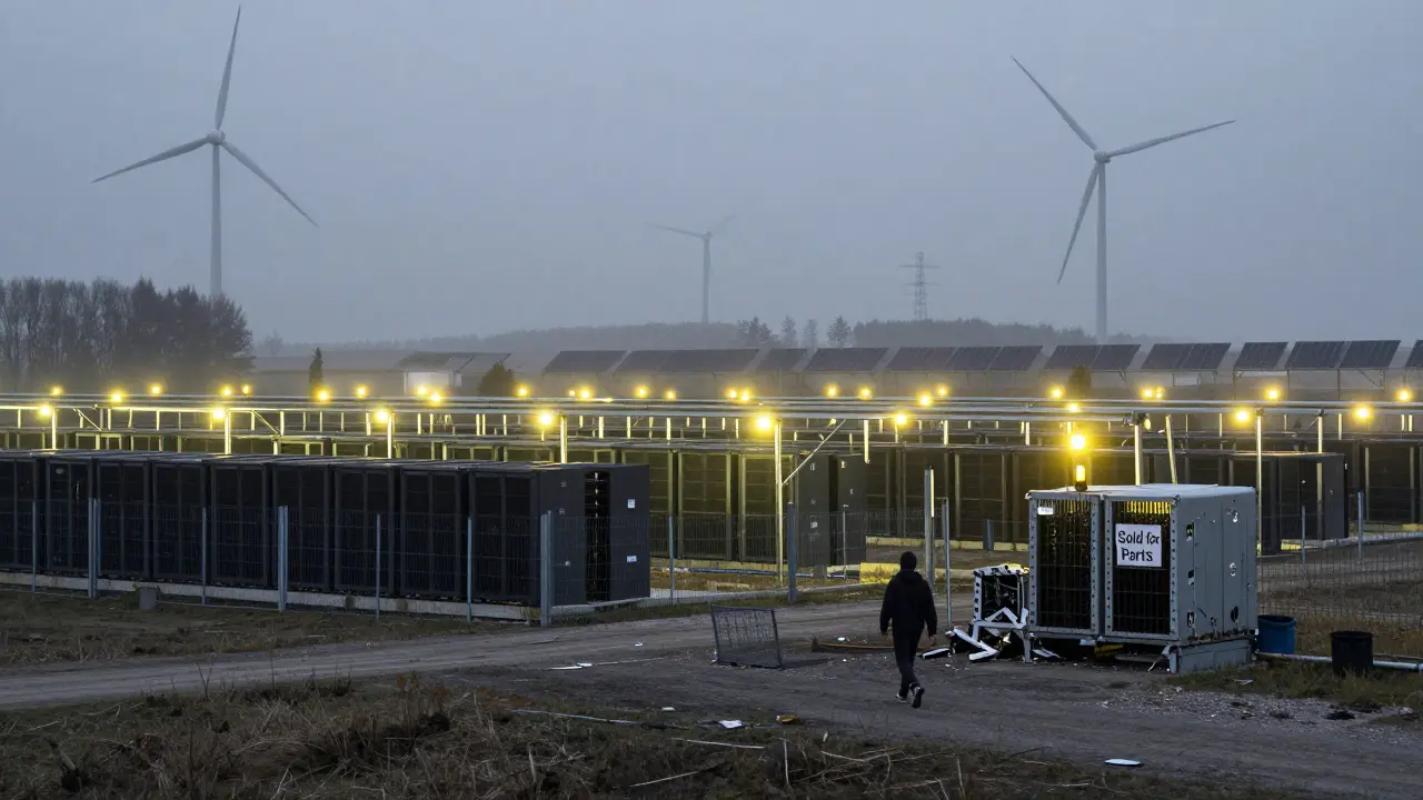 Opuštěná těžební farma v české krajine s větrnými turbínami na pozadí.