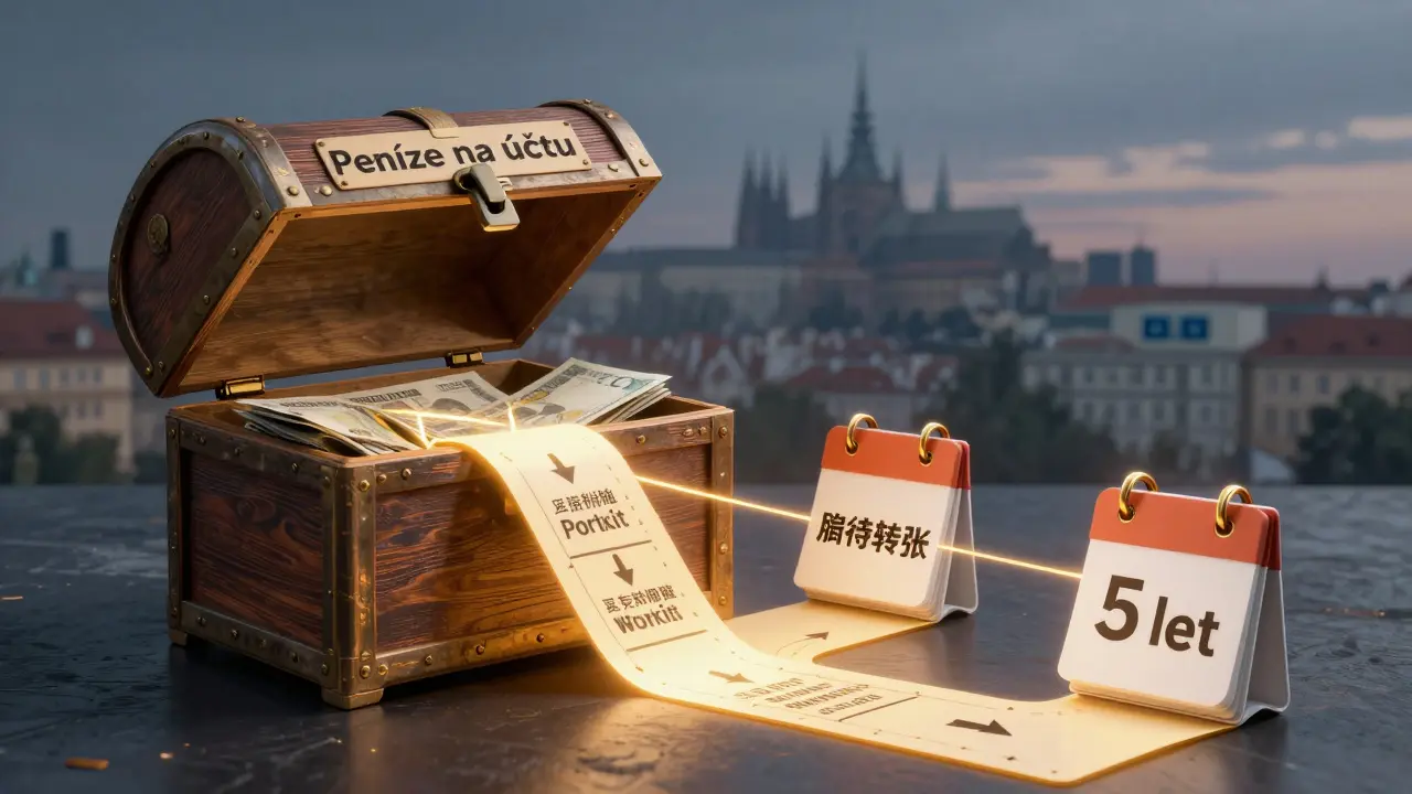 Otevírající se pokladnice s cestami k investicím v fondy, dluhopisy a pravidelné převody, symbolizující dlouhodobý finanční růst.