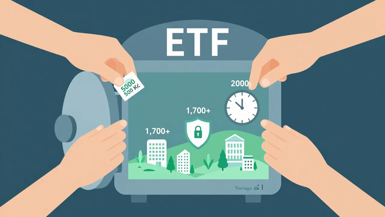 Pravidelné investice do ETF růstou v bezpečném úložišti s globálními firemními budovami.
