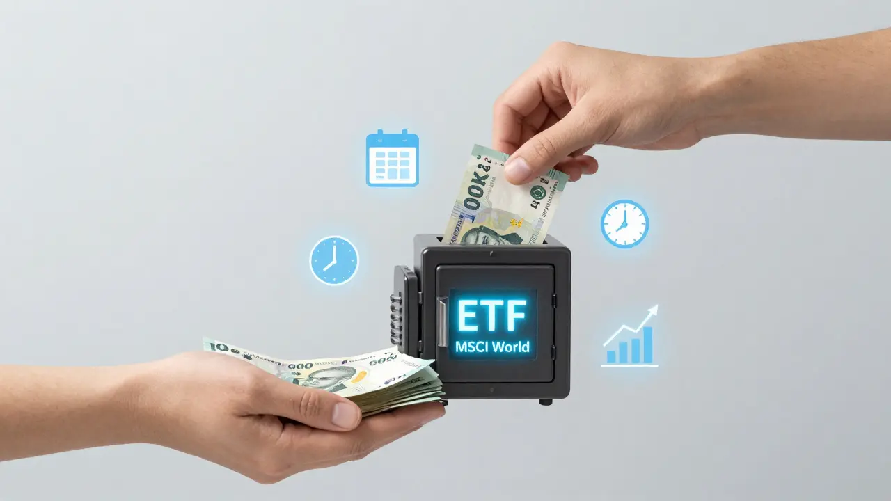 Ruce vkládají 1 000 Kč do digitální trezoru s ikonami ETF, symbolizující začátek investování.