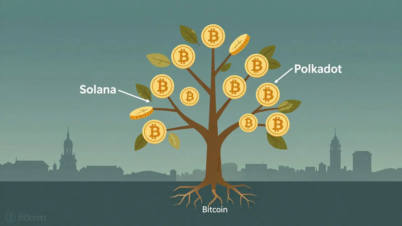 Strom portfolia kryptoměn s českými mincemi a pražským panoramatickým pozadím.
