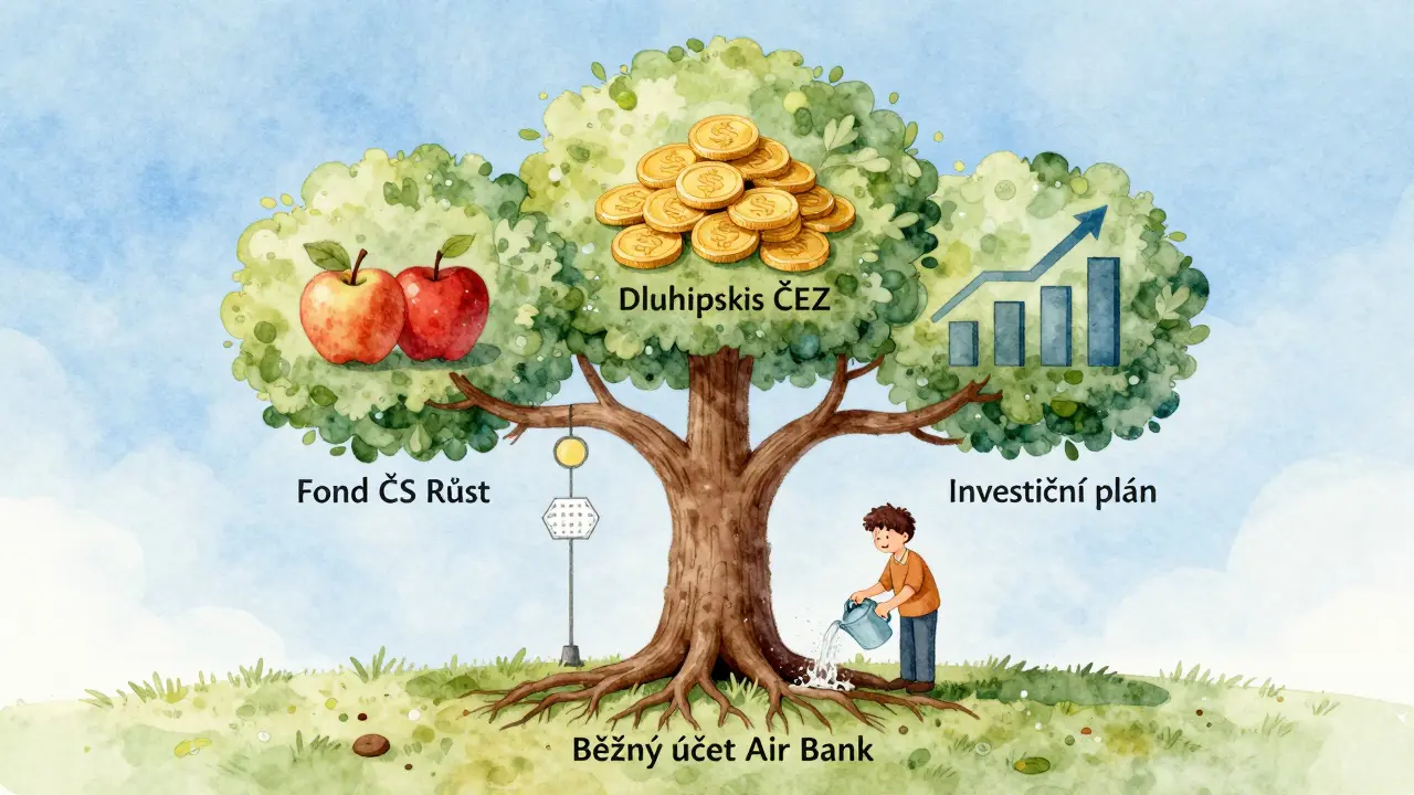 Strom rostoucí z bankovního účtu s ovoce představujícím fondy, dluhopisy a automatické investice, symbolizující růst bohatství.
