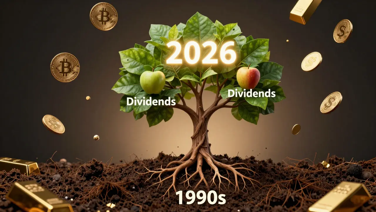 Strom s kořeny jako účet a ovoce označené 'Dividendy', kolem něj padají kryptoměny a zlato.