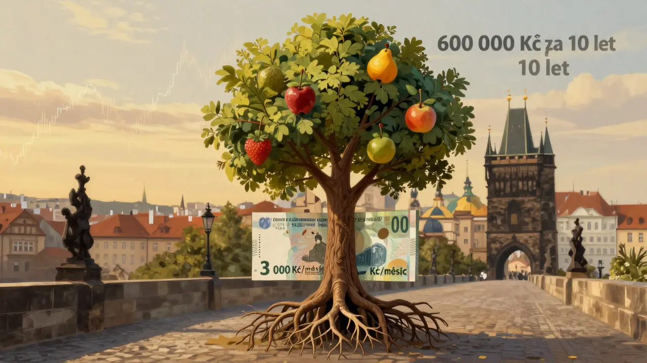 Strom s kořeny z bankovek a ovoce označeným celkovou hodnotou investic, pozadí s Pražským hradem.