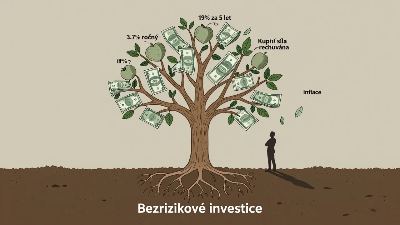 Strom s kořeny z bankovek, který roste z bezrizikových investic a nese ovoce reprezentující růst hodnoty.