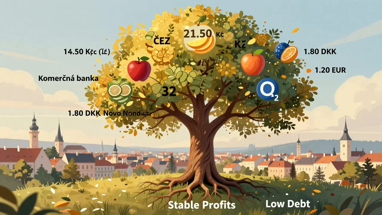 Strom s ovocem označeným dividendami z českých a evropských firem, symbolizující trvalý příjem.