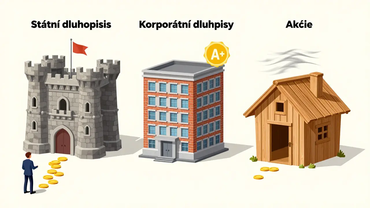 Tři budovy představují různé typy dluhopisů: pevný zámek pro státní, budova pro korporátní a křehká chýše pro akcie.