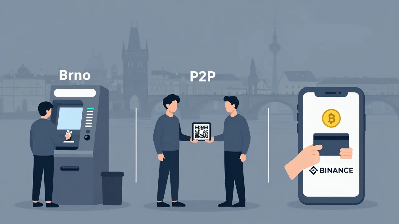 Tři způsoby nákupu ETH v ČR: ATM, P2P a burza s českými landmarky na pozadí.