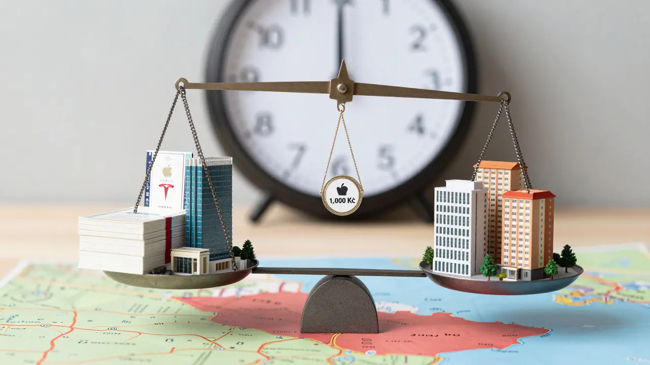 Váha s akciemi a nemovitostmi, vyvážená nad mapou Česka, s pravidelnými investicemi.