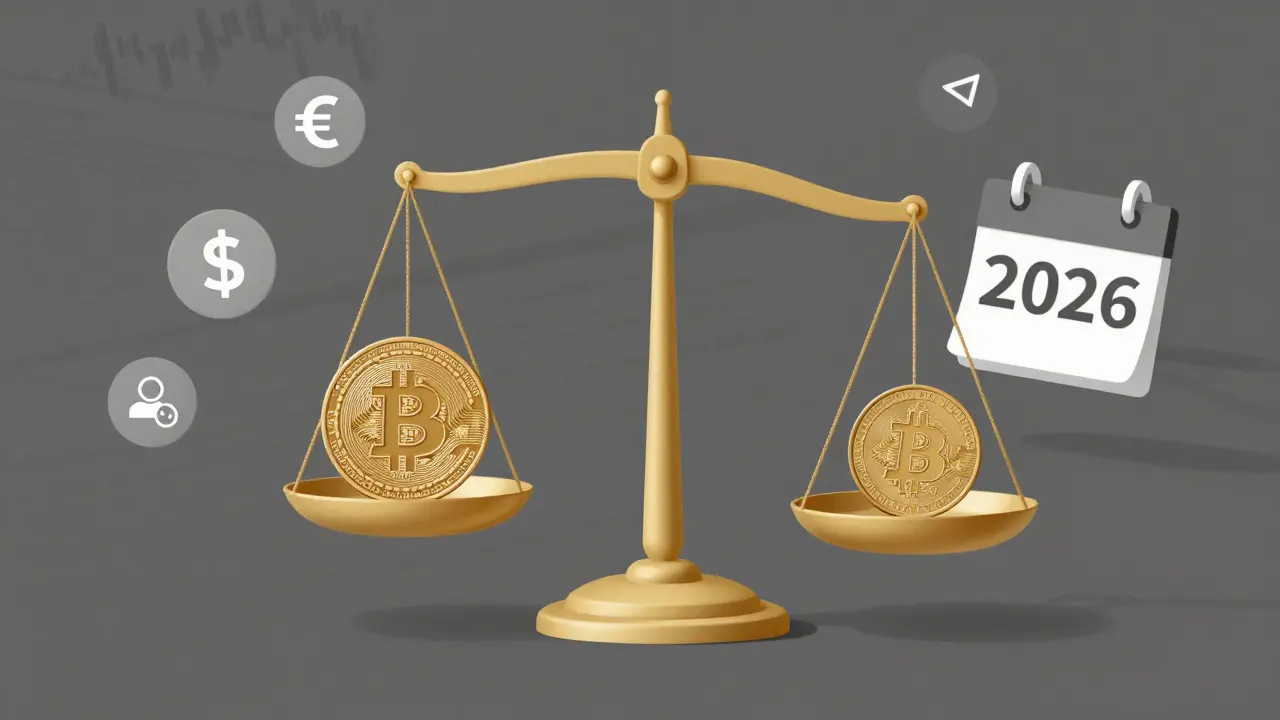 Váha s Bitcoinem a českou korunou, okolo ní ikony obchodů a kalendář s rokem 2026.