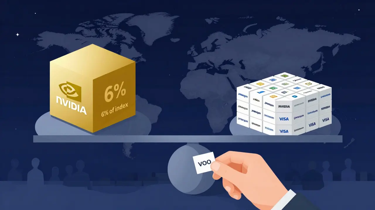 Váha s jednou velkou kubicí NVIDIA a 499 menšími ikonami firem, s ETF akcií přidávanou do portfolia.