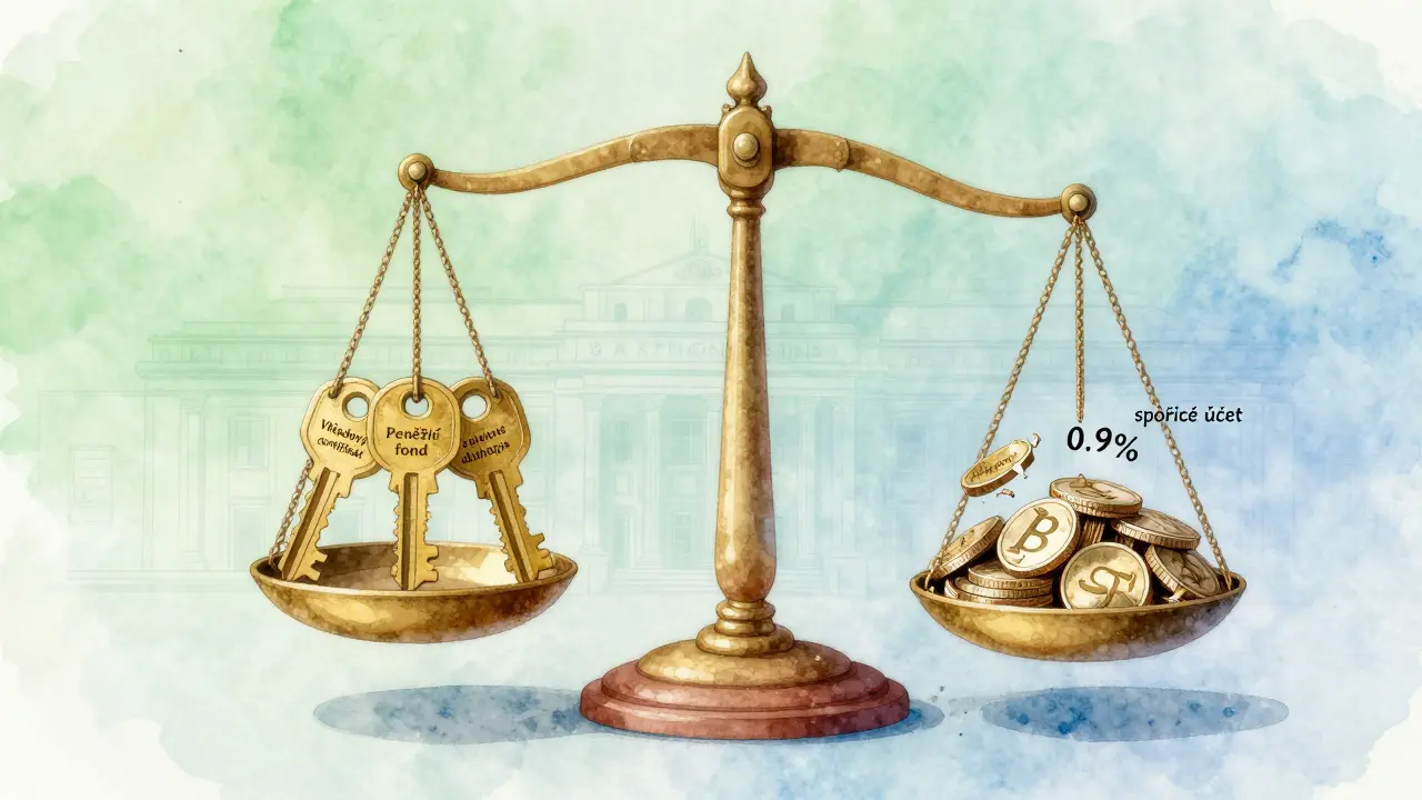 Váhová rovnováha mezi bezpečnými investicemi a nevýhodným spořicím účtem, pozadí s výrazem české státní banky.