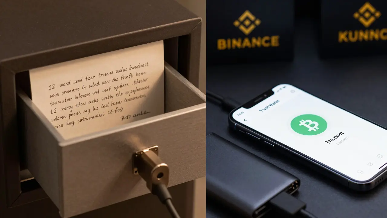 Zápis seed fráze na papíře v bezpečné schránce a chladná peněženka Trezor připojená ke smartphone.