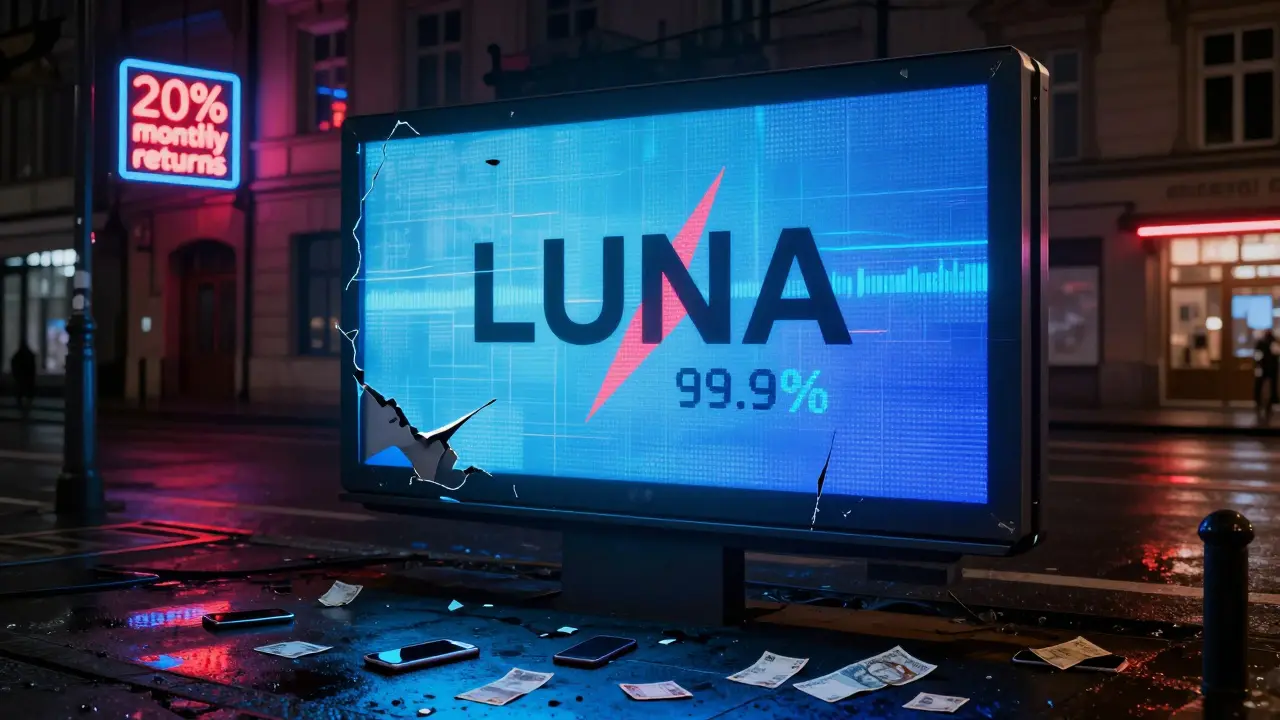 Zchátralá digitální tabule s nápisem 'LUNA' a padající graf, na zemi rozsypané koruny.