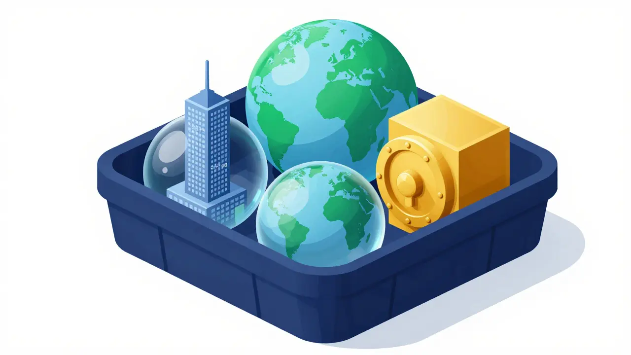 3D ilustrace koše s globálními investičními aktivy a indexy.