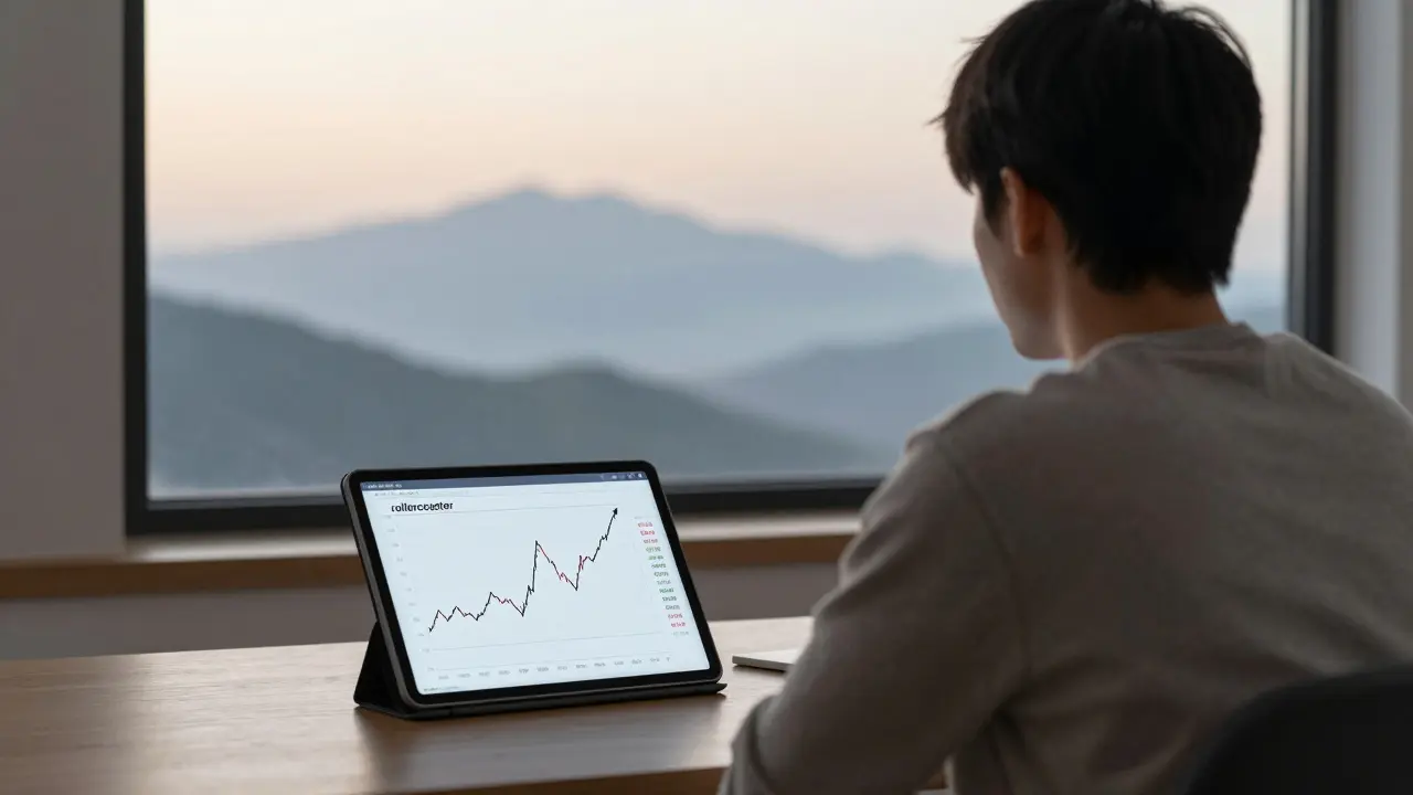 Člověk klidně sledujiící graf akciového trhu s rostoucím trendem v minimalistickém interiéru.