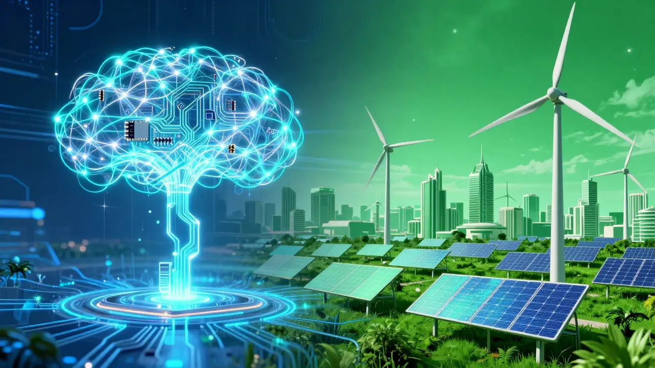 Futuristická vize kombinující umělou inteligenci a obnovitelné zdroje energie.