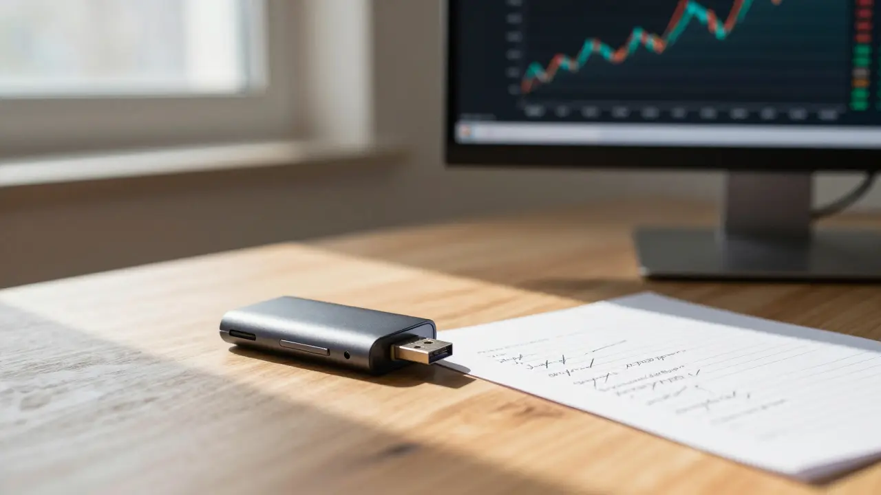 Hardware peněženka a seed fráze na stole jako symbol bezpečného uchovávání kryptoměn.