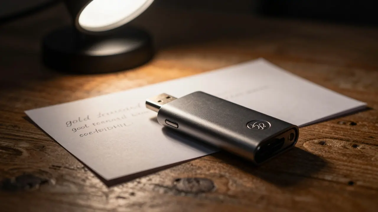 Hardware wallet a papír se seed frází na dřevěném stole