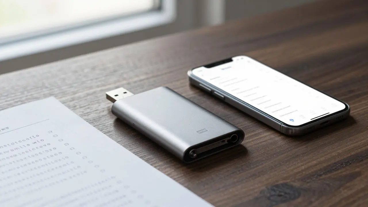 Hardwarová krypto peněženka a seed fráze zapsaná na papíře na dřevěném stole.