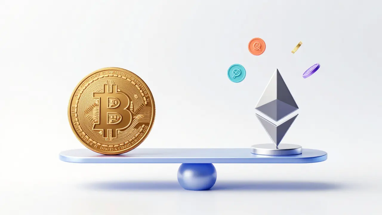 Holografická váha znázornující diverzifikované portfolio s Bitcoinem a Ethereem.