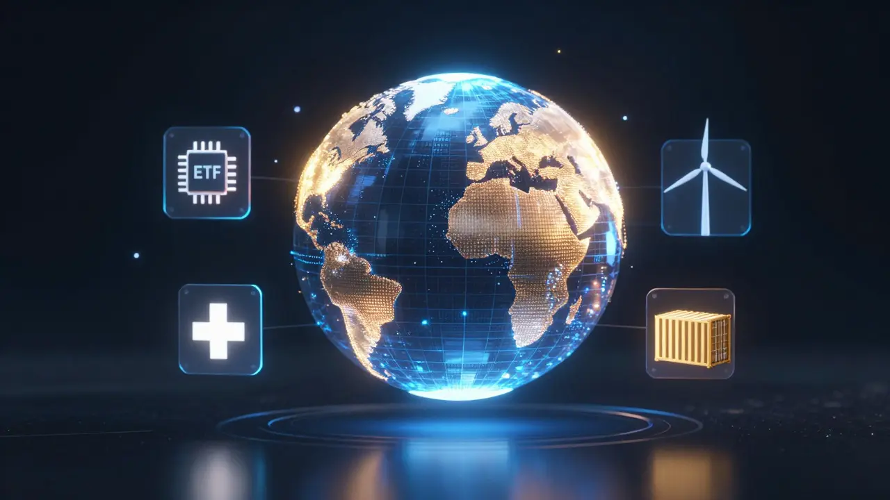 Holografický globus s ikonami různých průmyslových sektorů ETF.