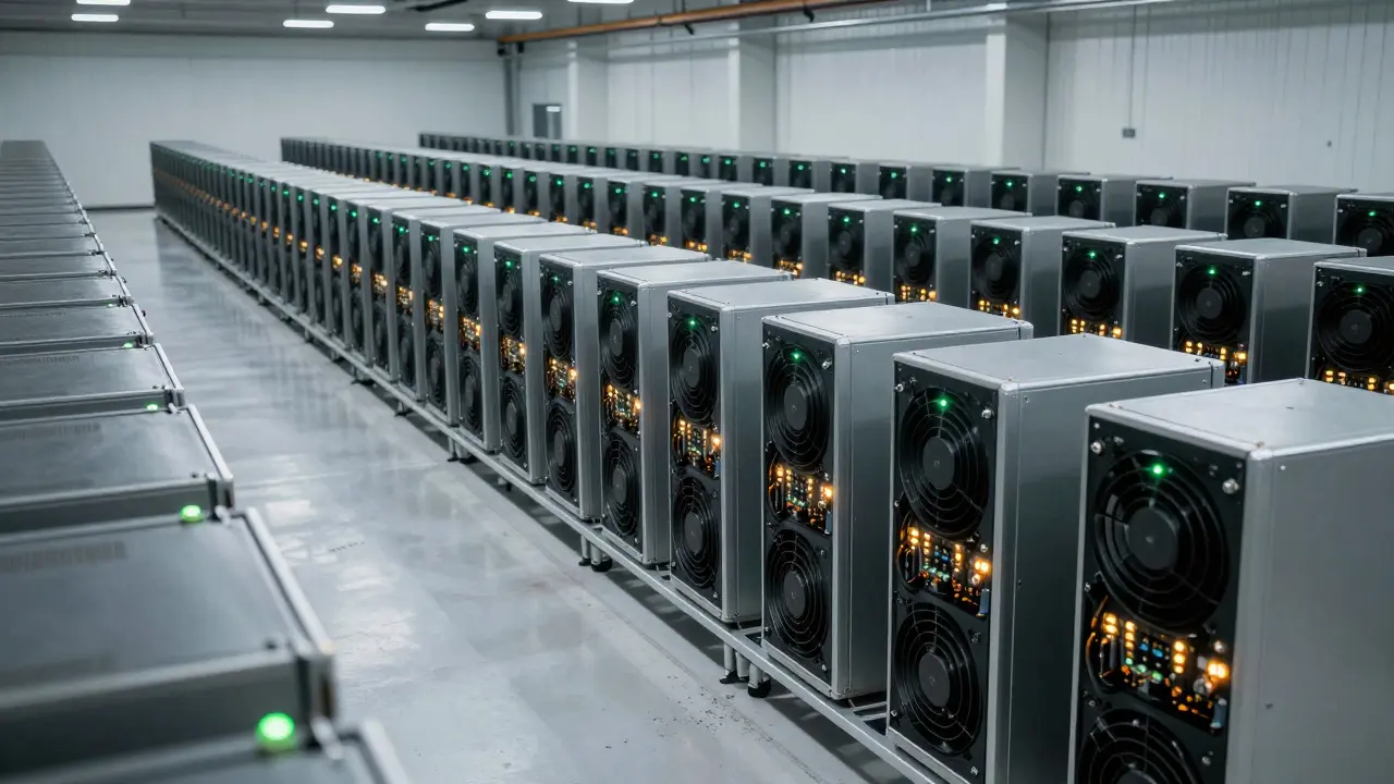 Interiér profesionální těžební farmy s řadami ASIC těžačů.